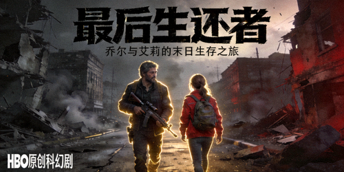 科幻剧《最后生还者》海报，乔尔与艾莉在末日废墟中前行